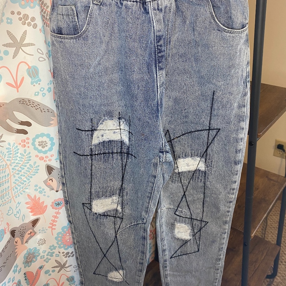 Threaded Patchwork Elastic Waist Jeans